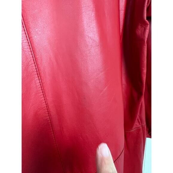 G-III Medium Red Leather Oversized 80s Shoulder Pad Button Closure Long Jacket - Picture 9 of 11